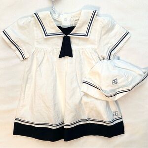 Emile et Rose Baby Girl White Cotton Linen Sailor Nautical Dress & Hat Set 6M